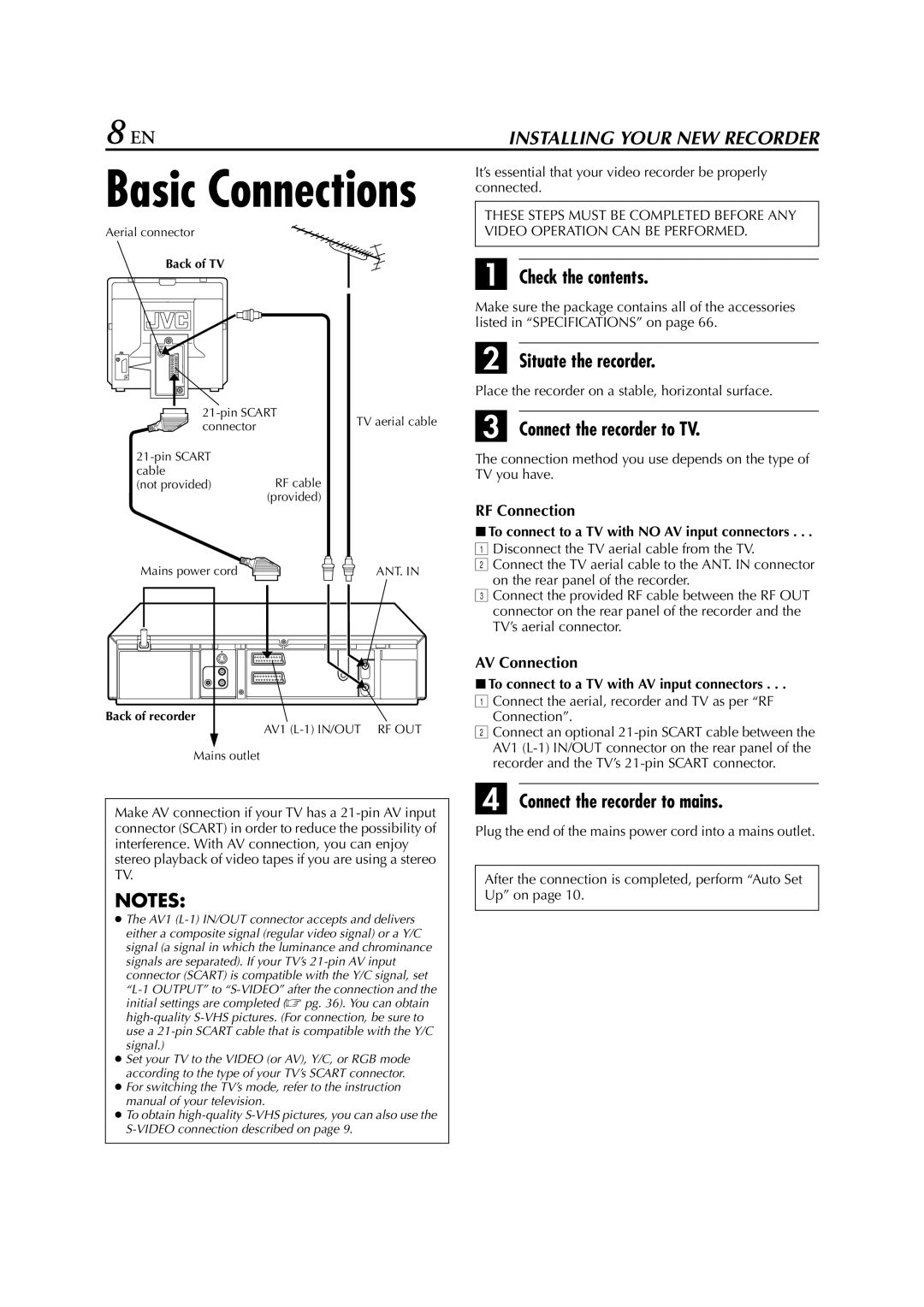 JVC HR-S7711EU Check the contents, Situate the recorder, Connect the recorder to TV, Connect the recorder to mains 