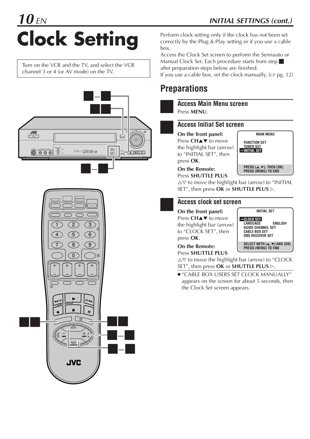 JVC HR-S7800U manual Clock Setting, 10 EN, Preparations, Access Main Menu screen, Access clock set screen 