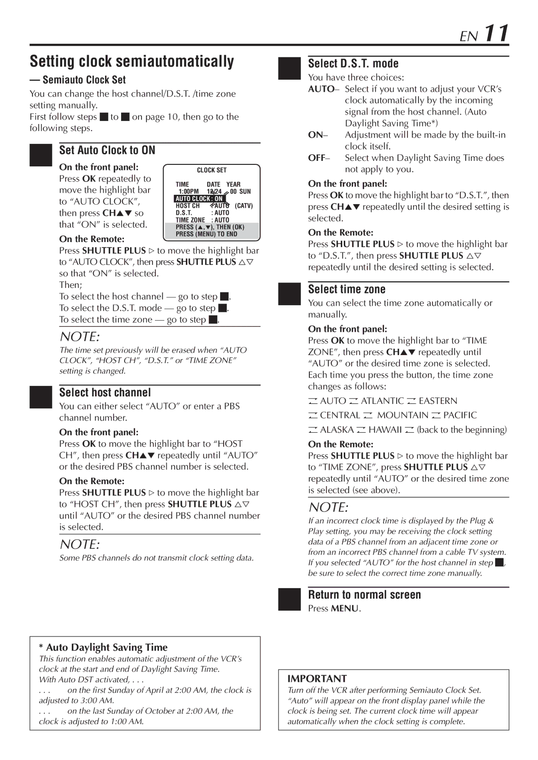 JVC HR-S7800U manual Setting clock semiautomatically, Set Auto Clock to on, Select D.S.T. mode, Select host channel 