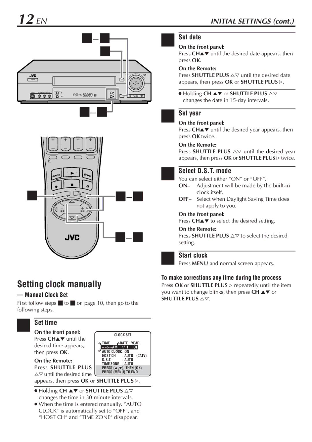 JVC HR-S7800U 12 EN, Setting clock manually, Manual Clock Set, To make corrections any time during the process 