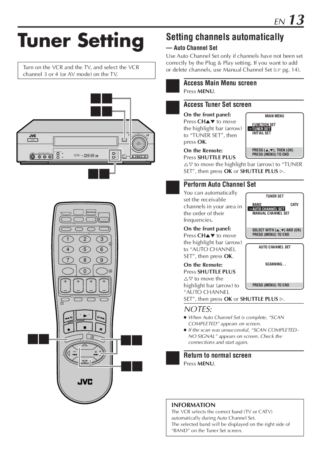 JVC HR-S7800U manual Tuner Setting, Setting channels automatically, Access Tuner Set screen, Perform Auto Channel Set 