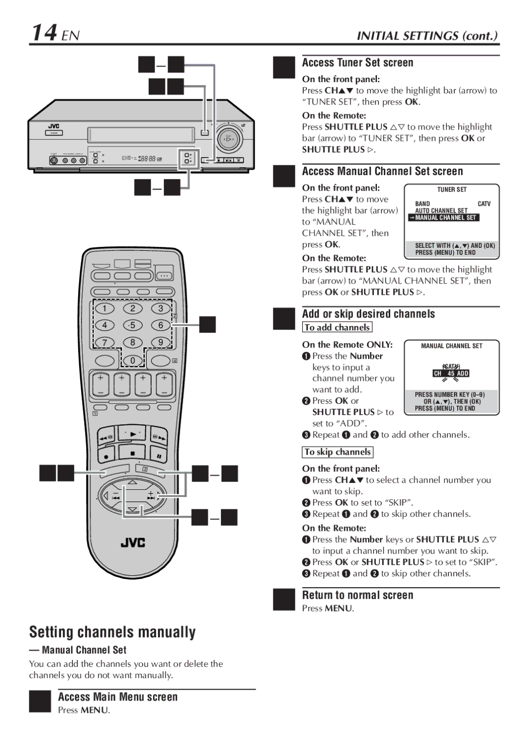 JVC HR-S7800U 14 EN, Setting channels manually, Access Manual Channel Set screen, Add or skip desired channels 