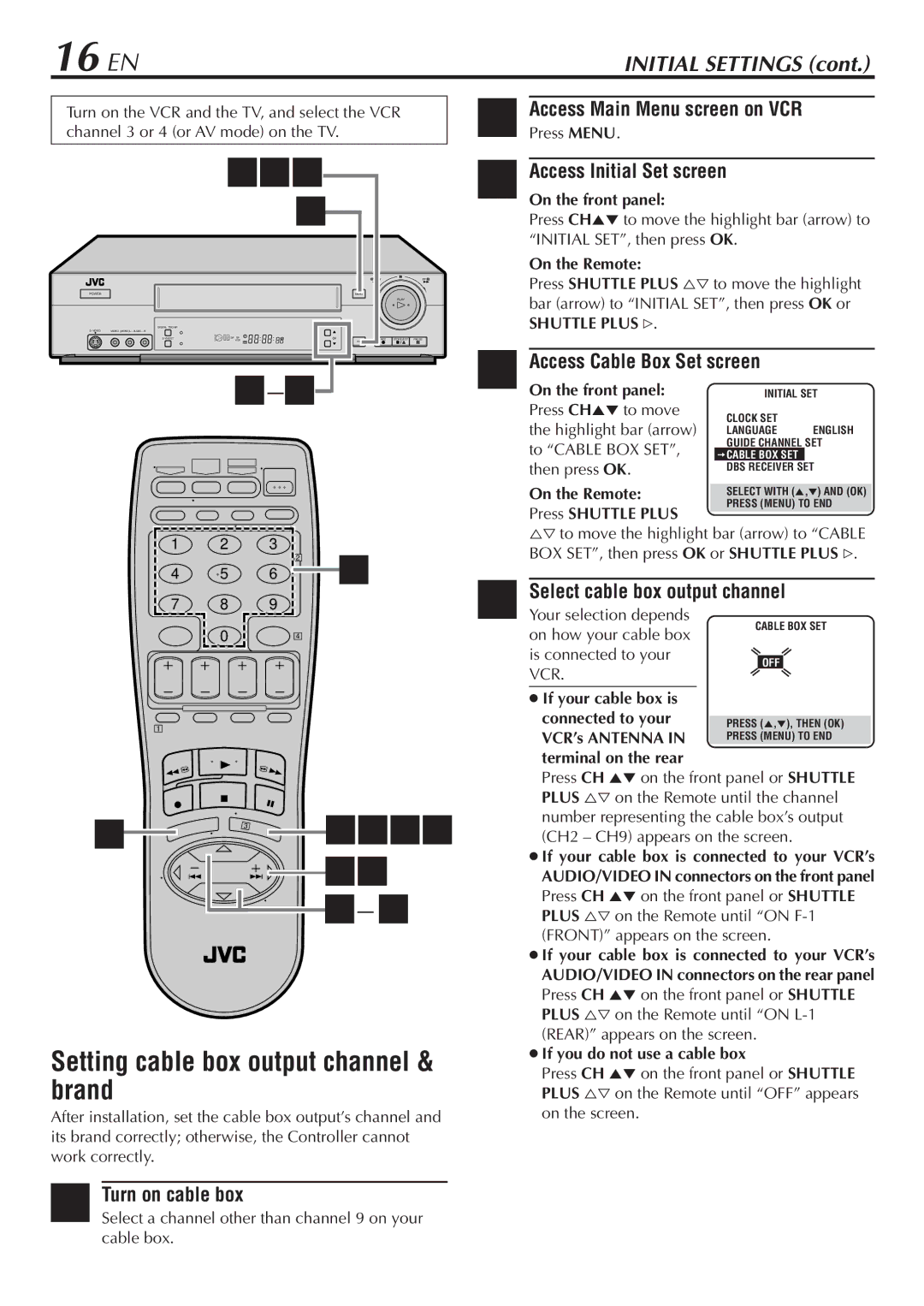 JVC HR-S7800U manual 16 EN, Setting cable box output channel & brand 