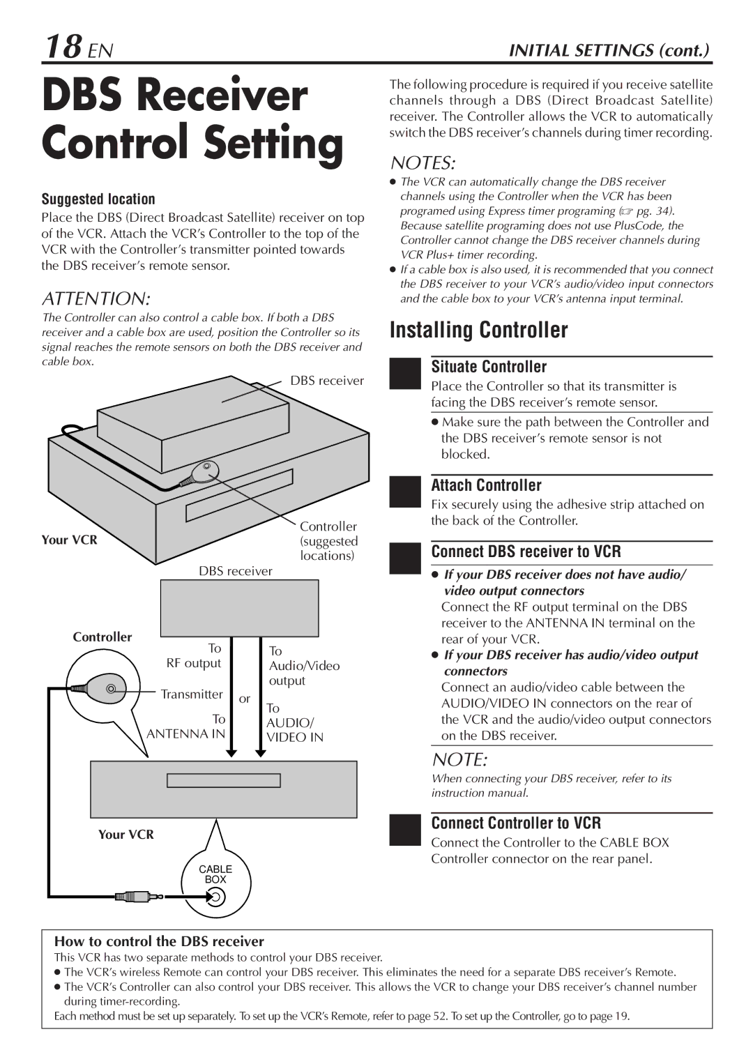 JVC HR-S7800U manual 18 EN, Connect DBS receiver to VCR, How to control the DBS receiver, Antenna Video 