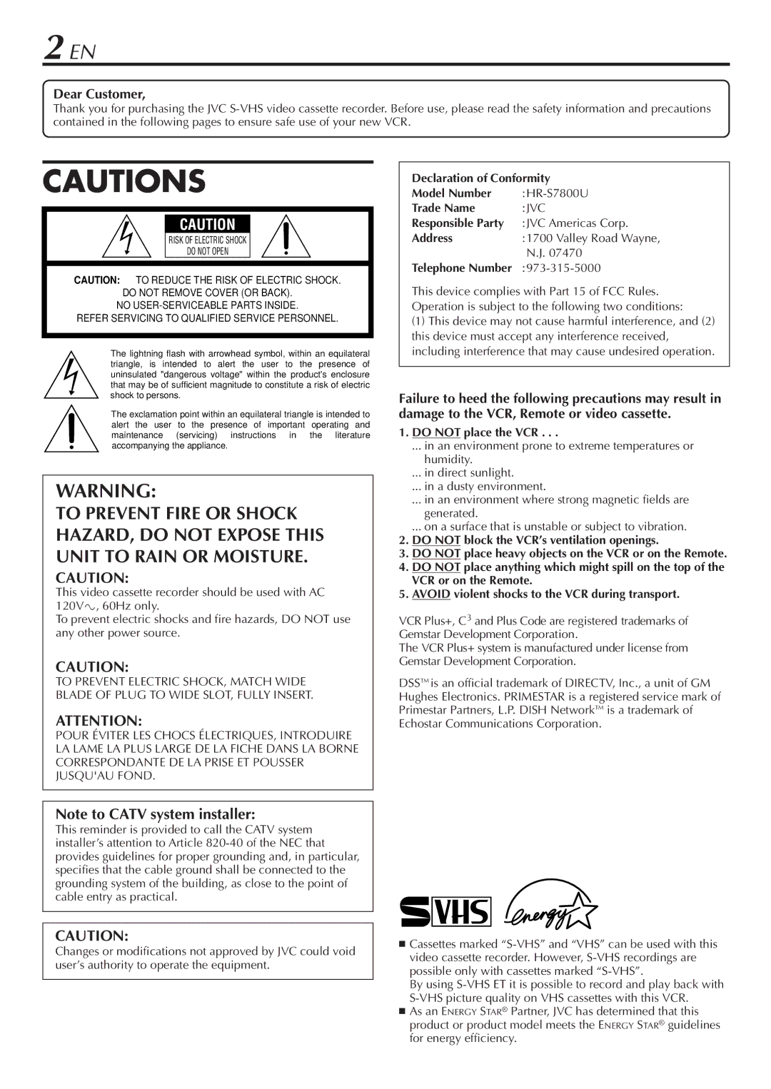 JVC HR-S7800U manual Dear Customer, Telephone Number 