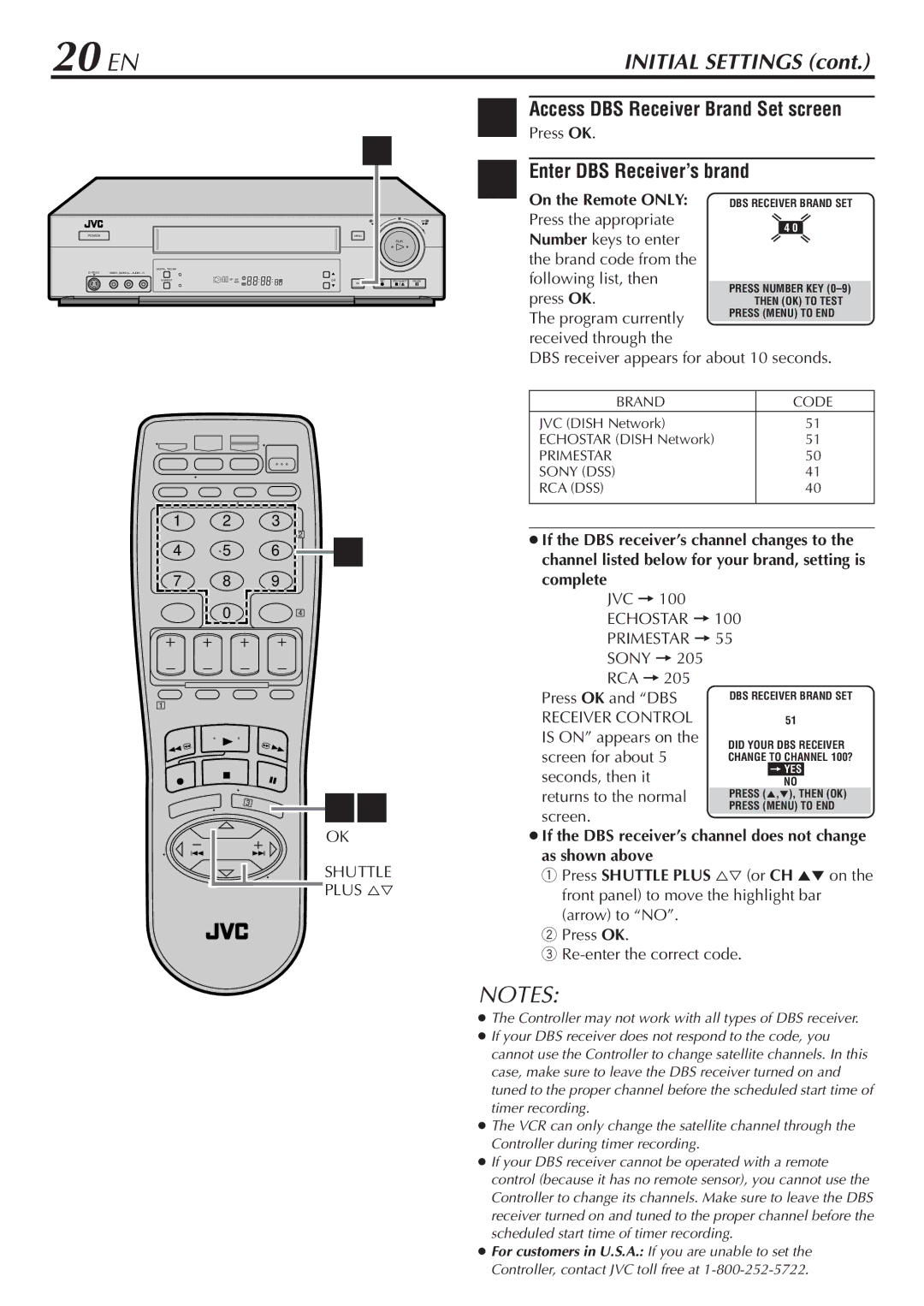 JVC HR-S7800U manual 20 EN, Access DBS Receiver Brand Set screen, Enter DBS Receiver’s brand, Shuttle Plus %Þ 