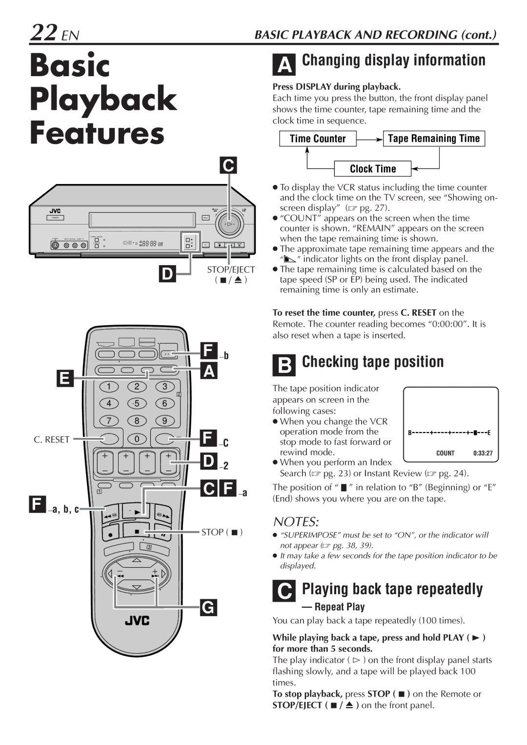 JVC HR-S7800U manual Basic Playback Features, 22 EN, Changing display information, Checking tape position 