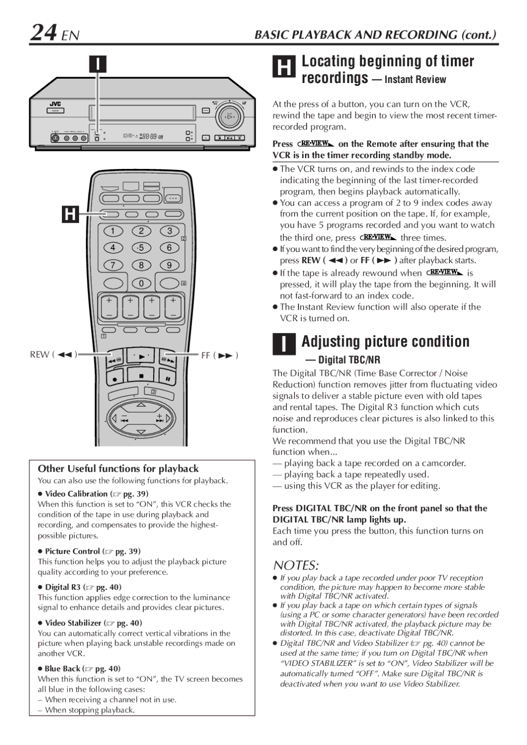 JVC HR-S7800U 24 EN, Locating beginning of timer, Adjusting picture condition, Recordings Instant Review, Digital TBC/NR 