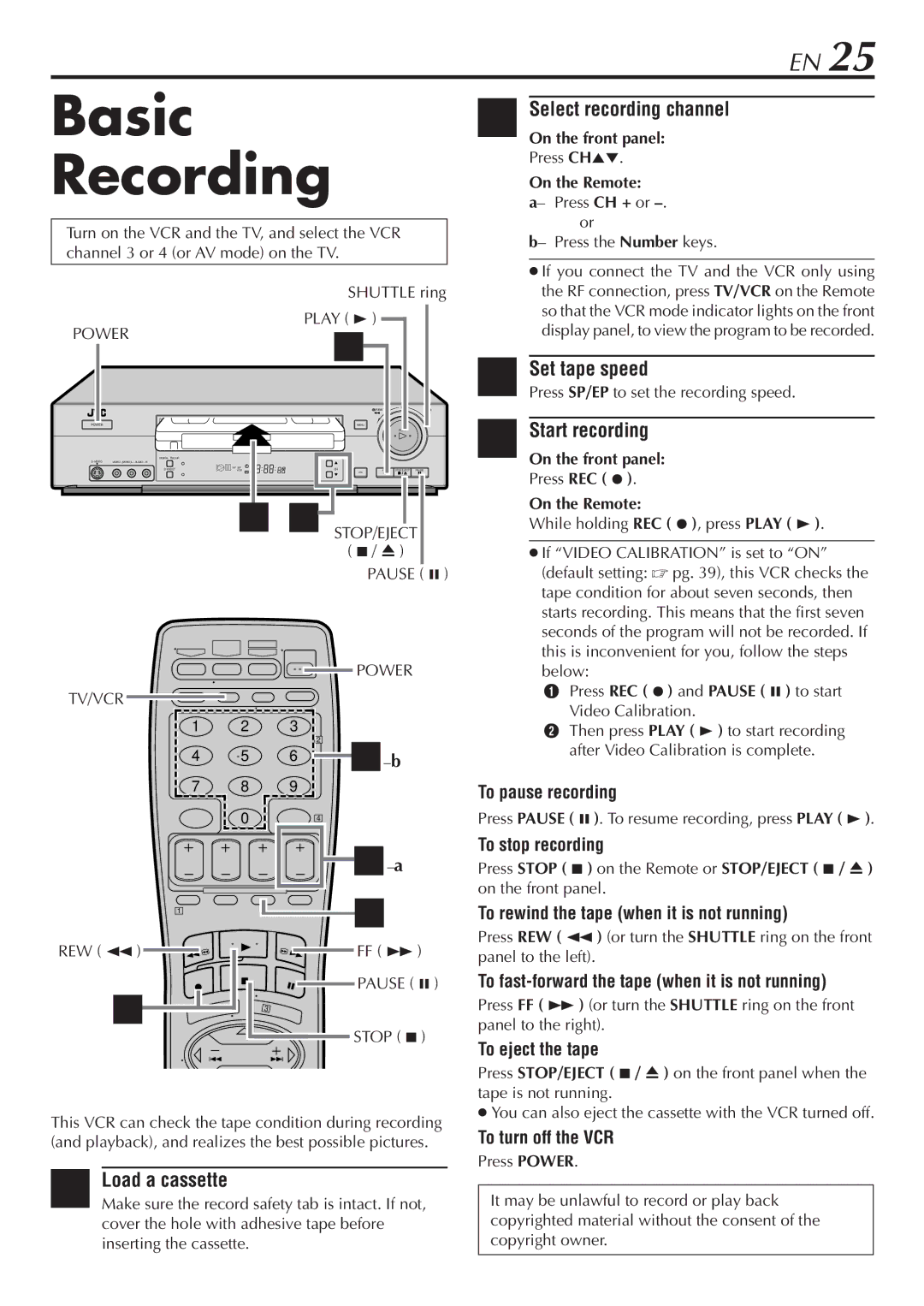 JVC HR-S7800U manual Basic Recording, Select recording channel, Set tape speed, Start recording 