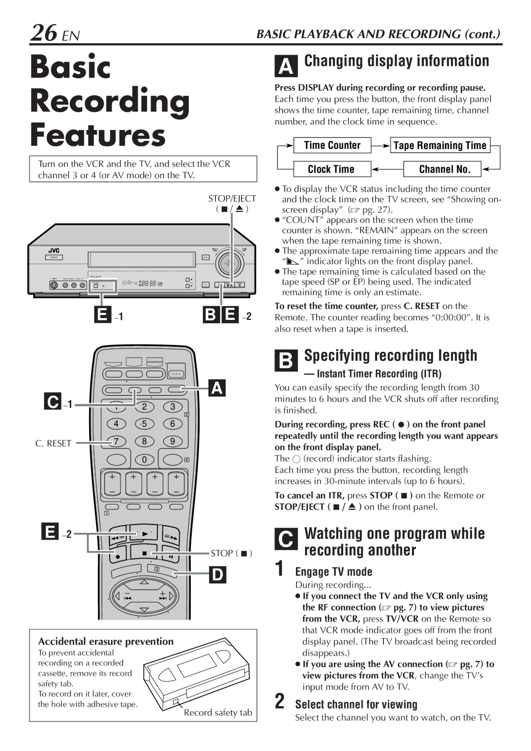 JVC HR-S7800U Basic Recording Features, 26 EN, Specifying recording length, Watching one program while recording another 