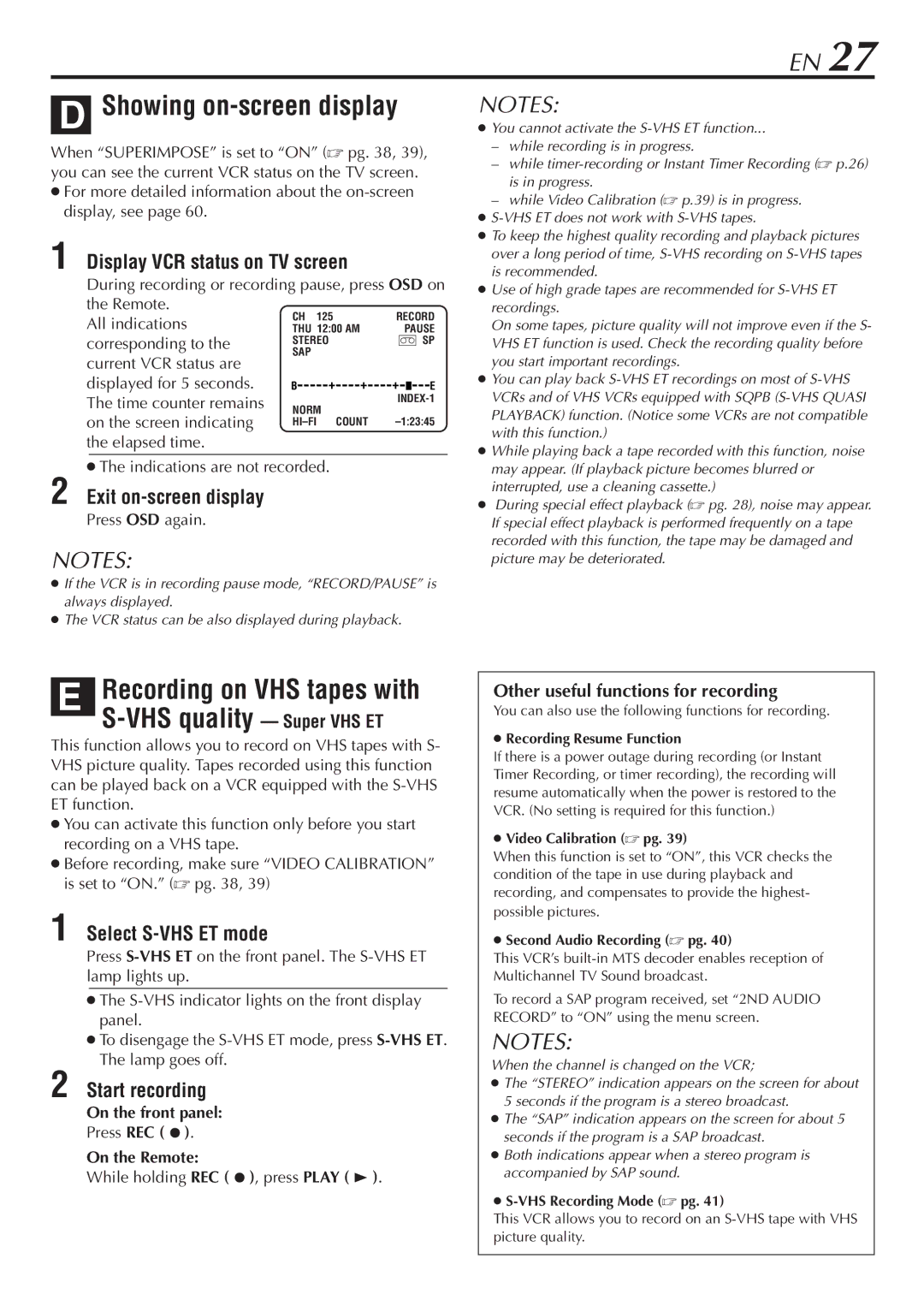 JVC HR-S7800U Showing on-screen display, Display VCR status on TV screen, Exit on-screen display, Select S-VHS ET mode 