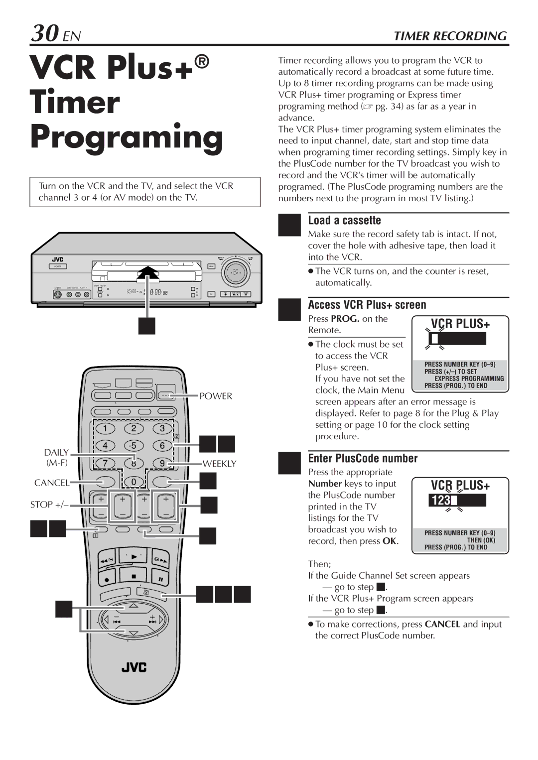 JVC HR-S7800U manual VCR Plus+ Timer Programing, 30 EN, Daily M-F Power Weekly, Press the appropriate 