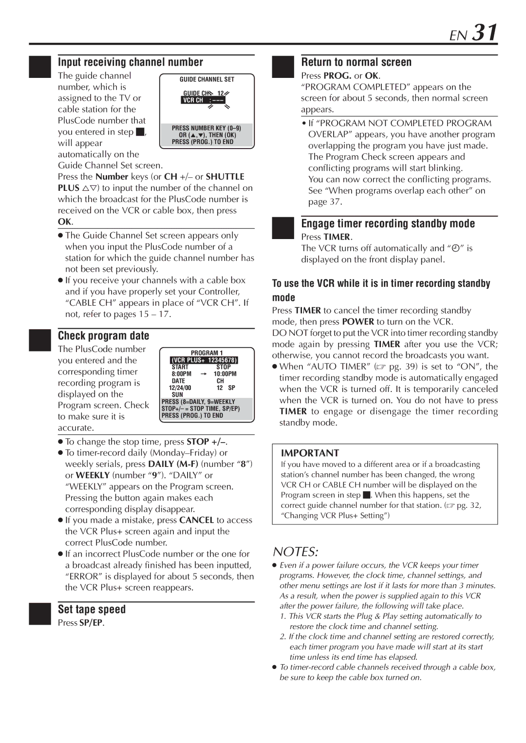 JVC HR-S7800U manual Input receiving channel number, Engage timer recording standby mode, Press SP/EP 