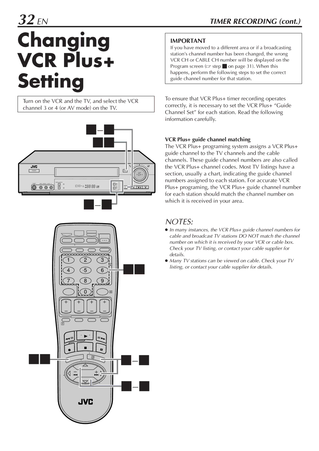 JVC HR-S7800U manual Changing VCR Plus+ Setting, 32 EN, VCR Plus+ guide channel matching 