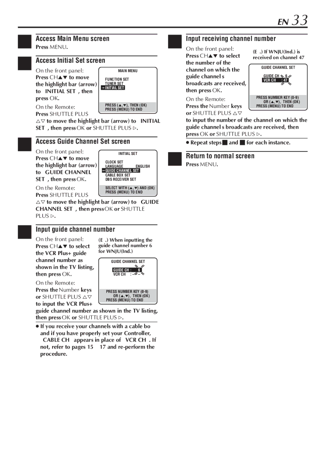 JVC HR-S7800U manual Access Guide Channel Set screen, Input guide channel number 