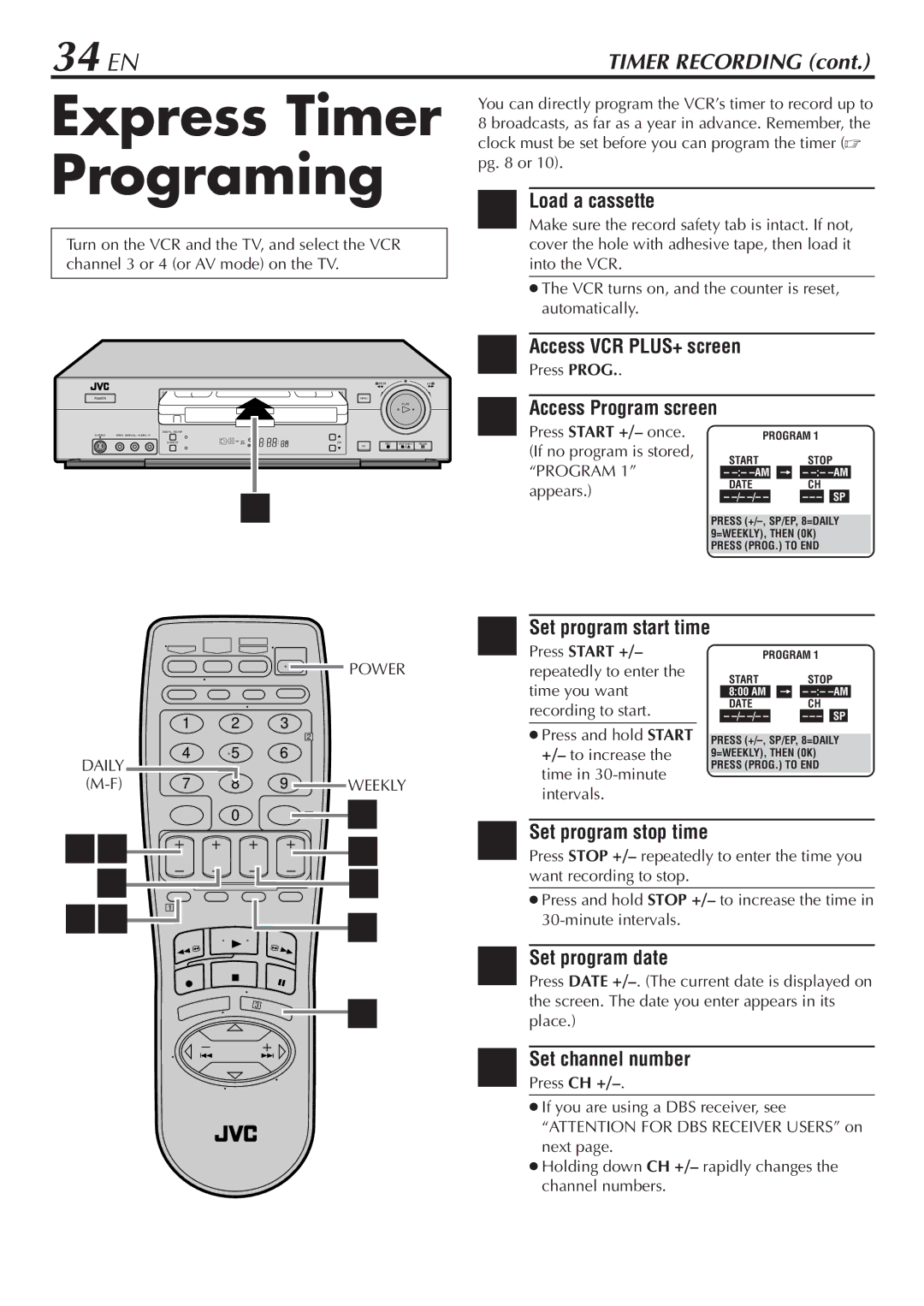 JVC HR-S7800U manual Express Timer Programing, 34 EN, Set program stop time, Set program date, Daily Power 