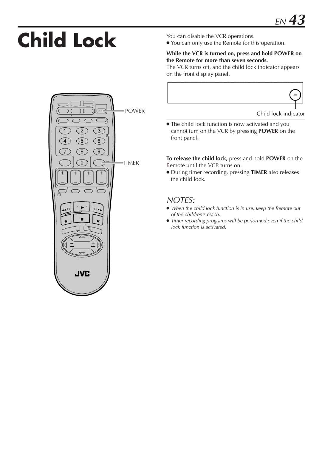 JVC HR-S7800U manual Child Lock, Power Timer 