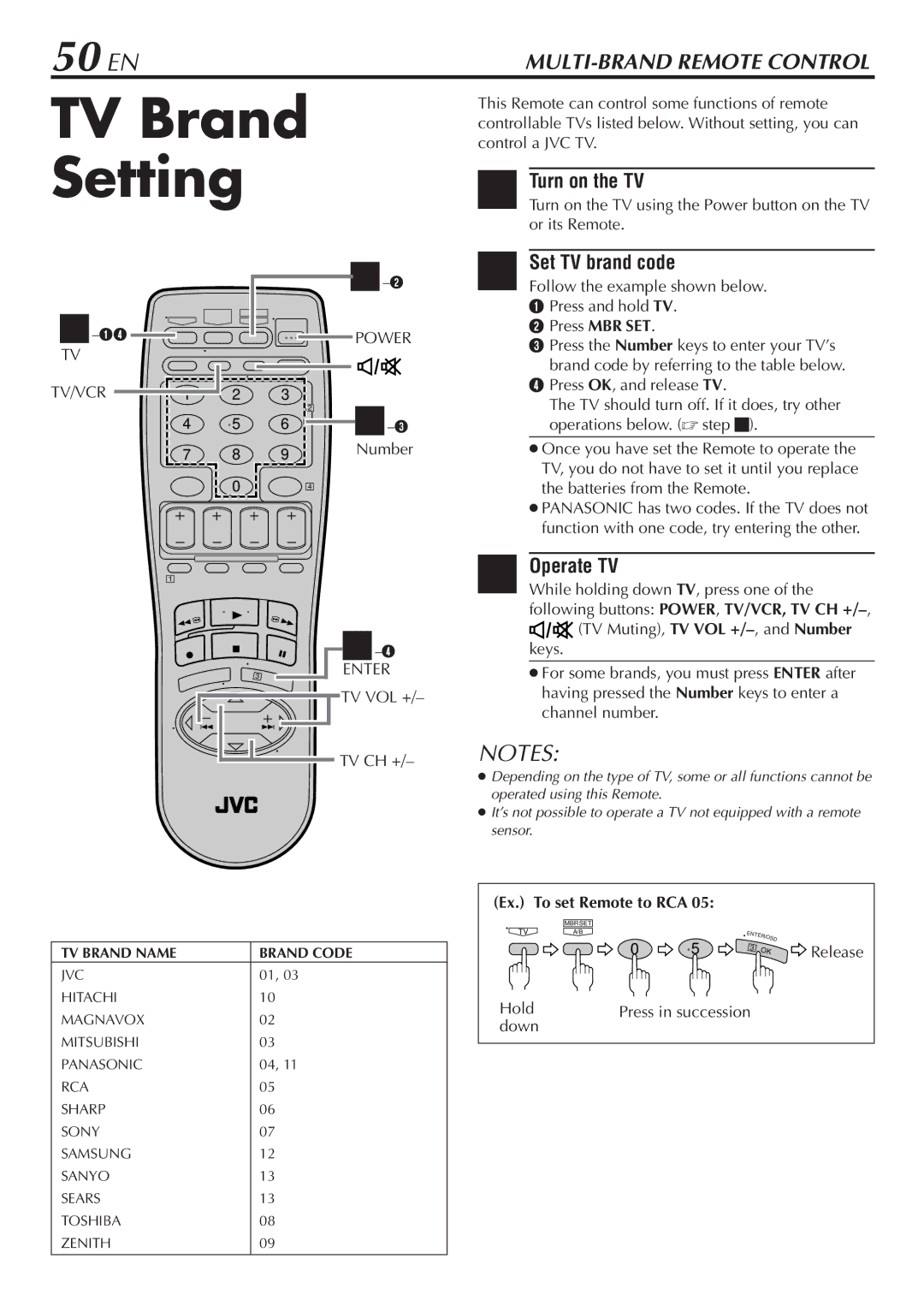 JVC HR-S7800U manual TV Brand Setting, 50 EN, Turn on the TV, Set TV brand code, Operate TV 