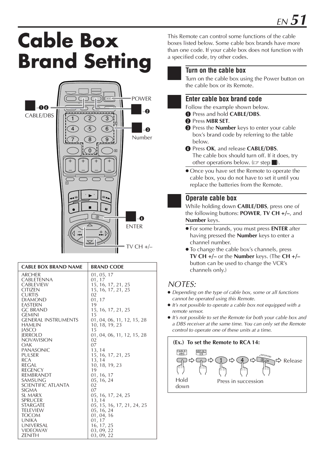 JVC HR-S7800U manual Cable Box Brand Setting, Turn on the cable box, Enter cable box brand code, Operate cable box 