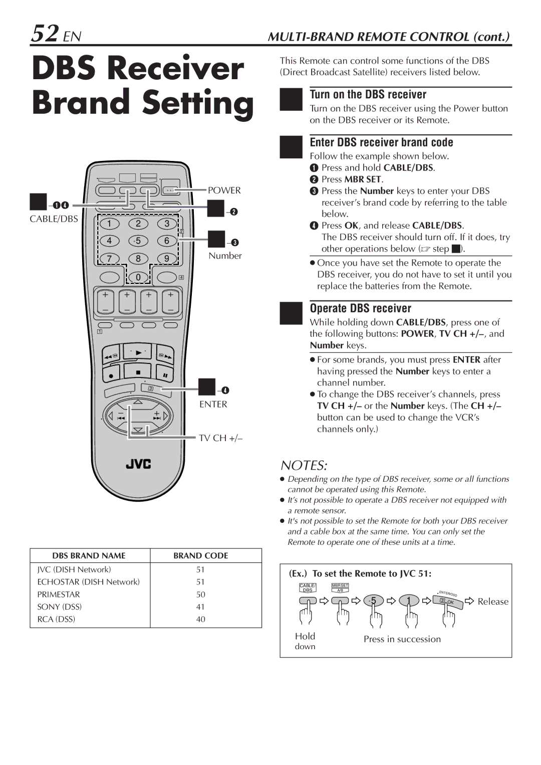 JVC HR-S7800U manual DBS Receiver Brand Setting, 52 EN, Turn on the DBS receiver, Enter DBS receiver brand code 