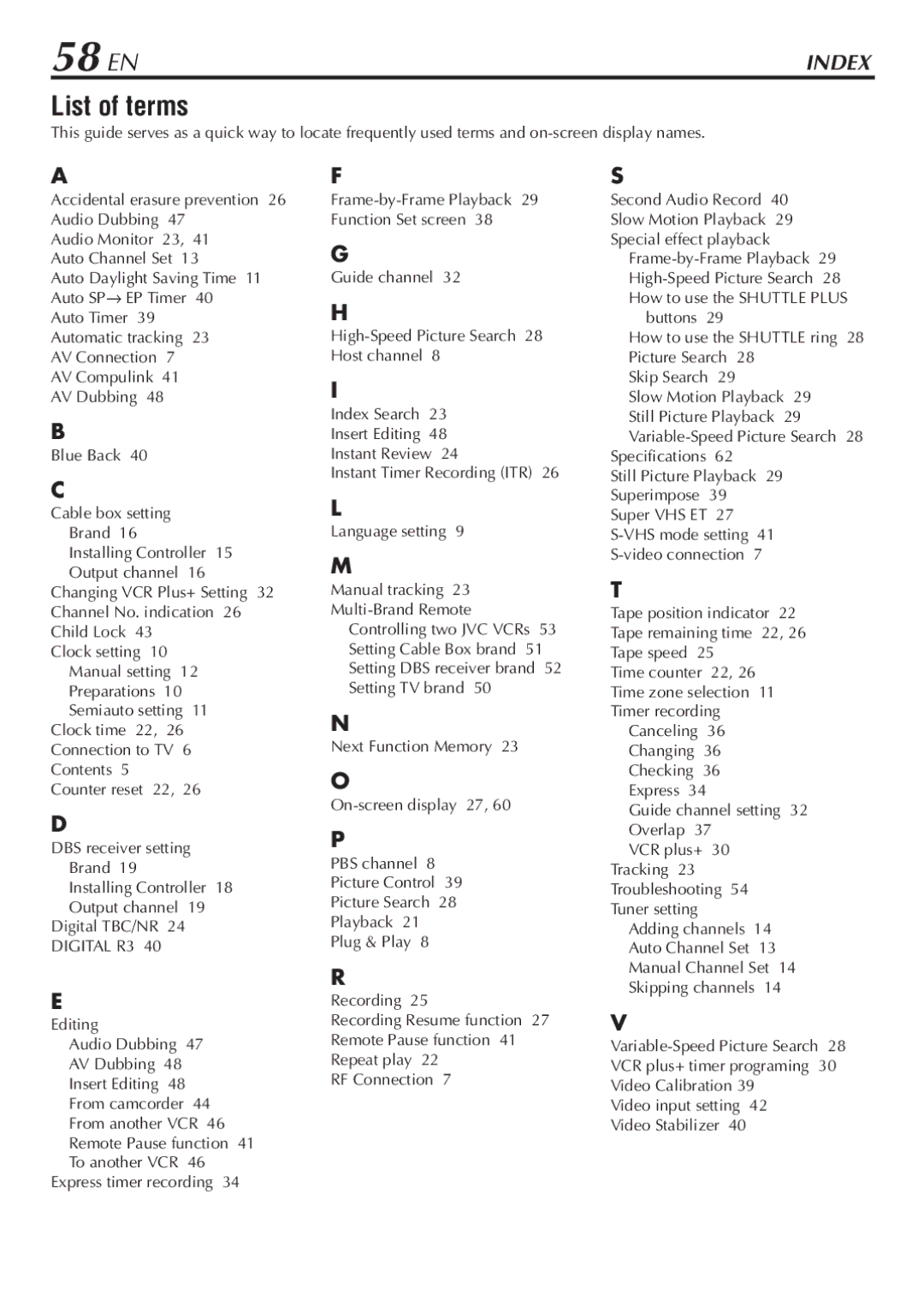 JVC HR-S7800U manual 58 EN, List of terms 