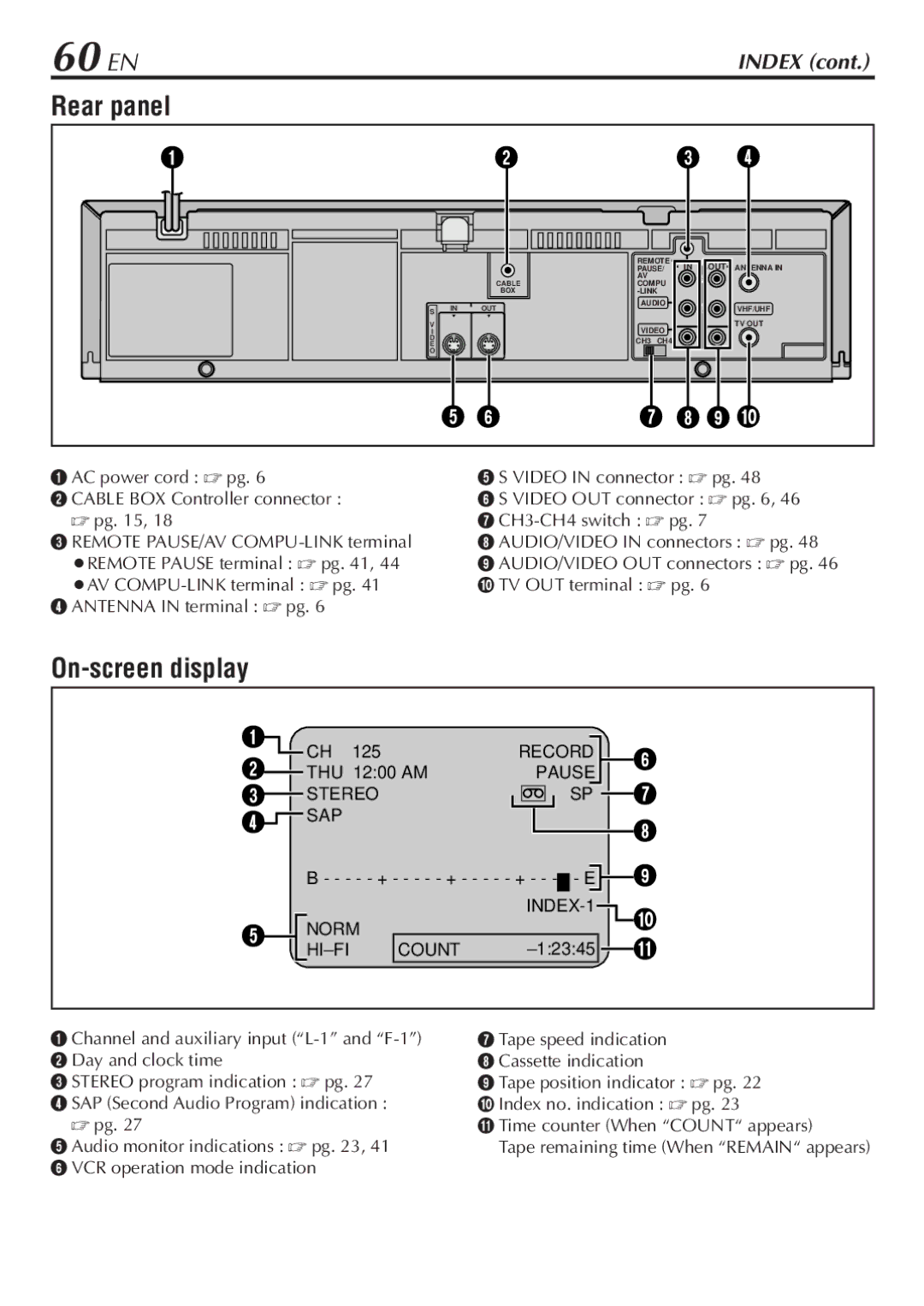 JVC HR-S7800U manual 60 EN, Rear panel, On-screen display 