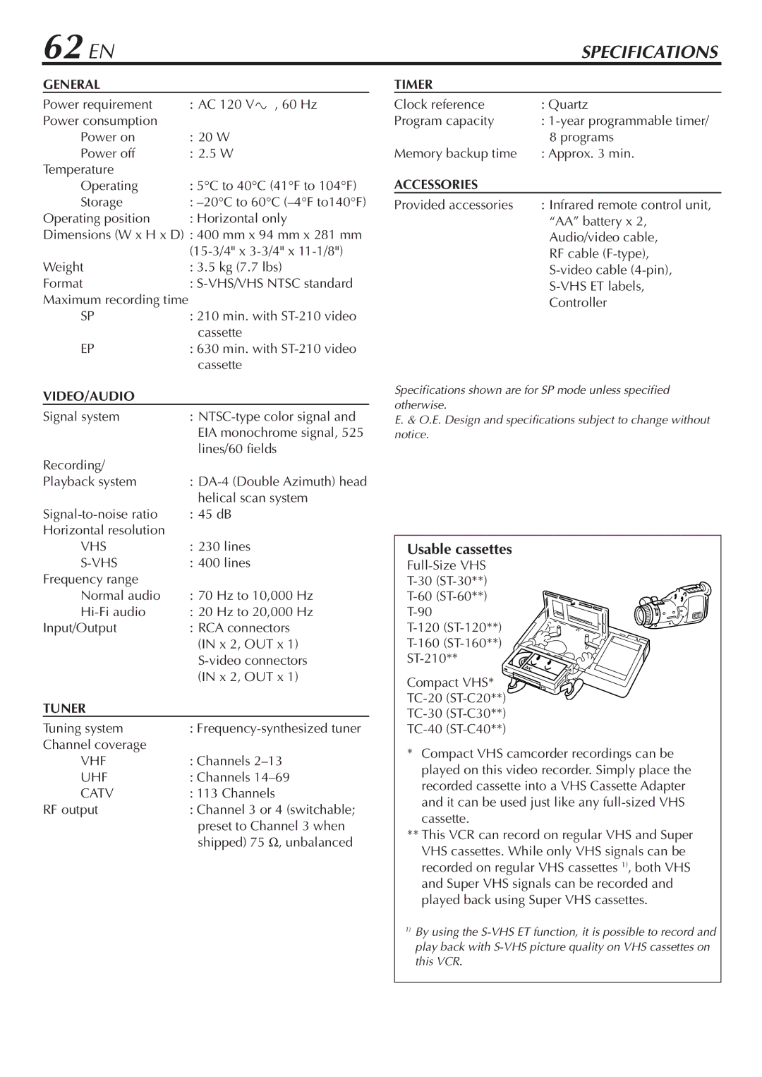 JVC HR-S7800U manual 62 EN, Usable cassettes, Operating position Horizontal only, Full-Size VHS 30 ST-30 