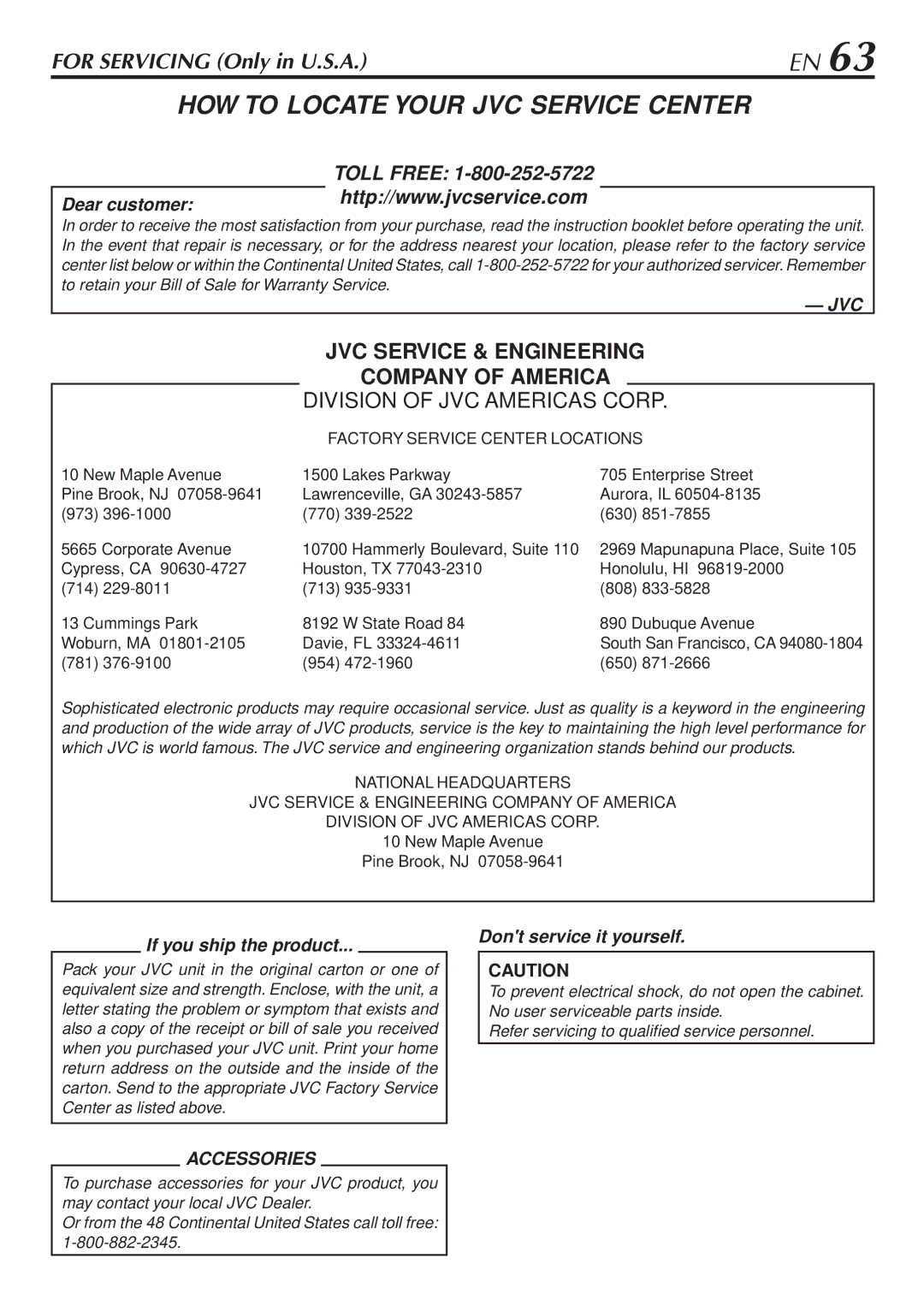 JVC HR-S7800U manual HOW to Locate Your JVC Service Center 