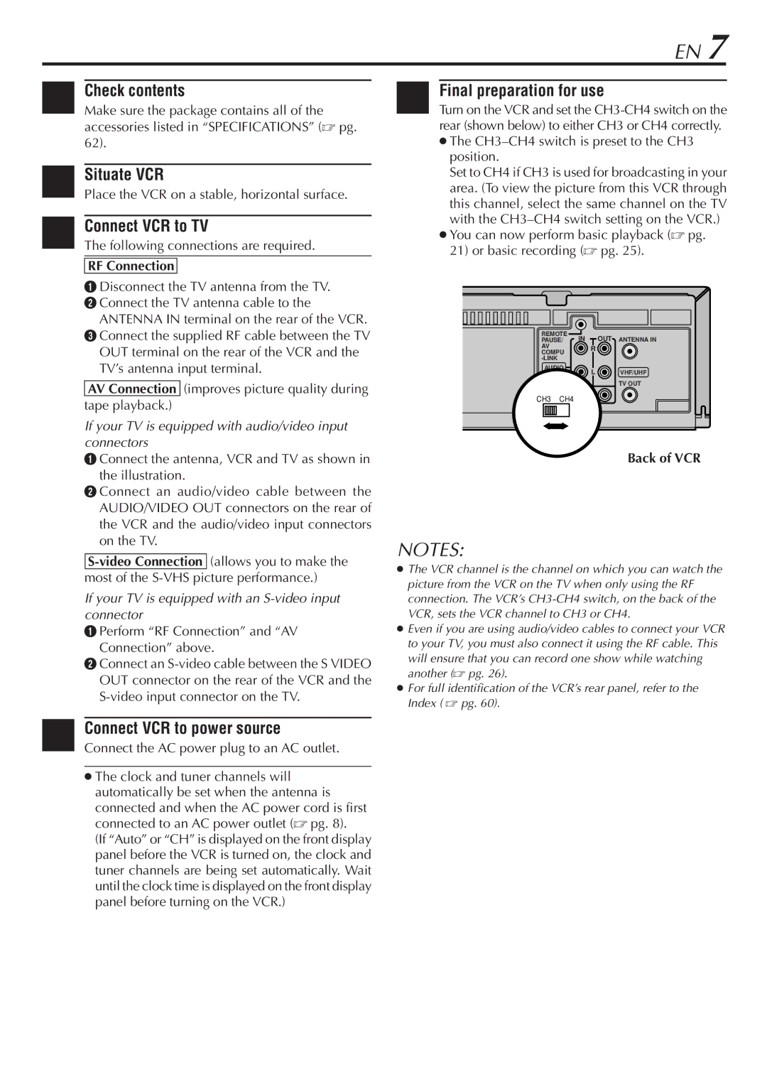 JVC HR-S7800U manual Check contents Final preparation for use, Situate VCR, Connect VCR to TV 