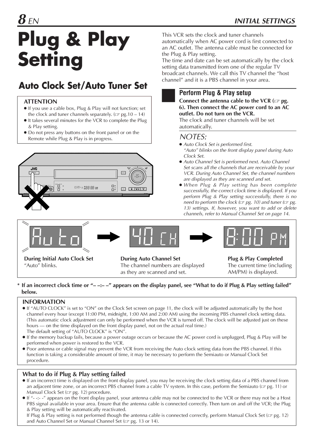 JVC HR-S7800U manual Plug & Play Setting, Perform Plug & Play setup, What to do if Plug & Play setting failed 