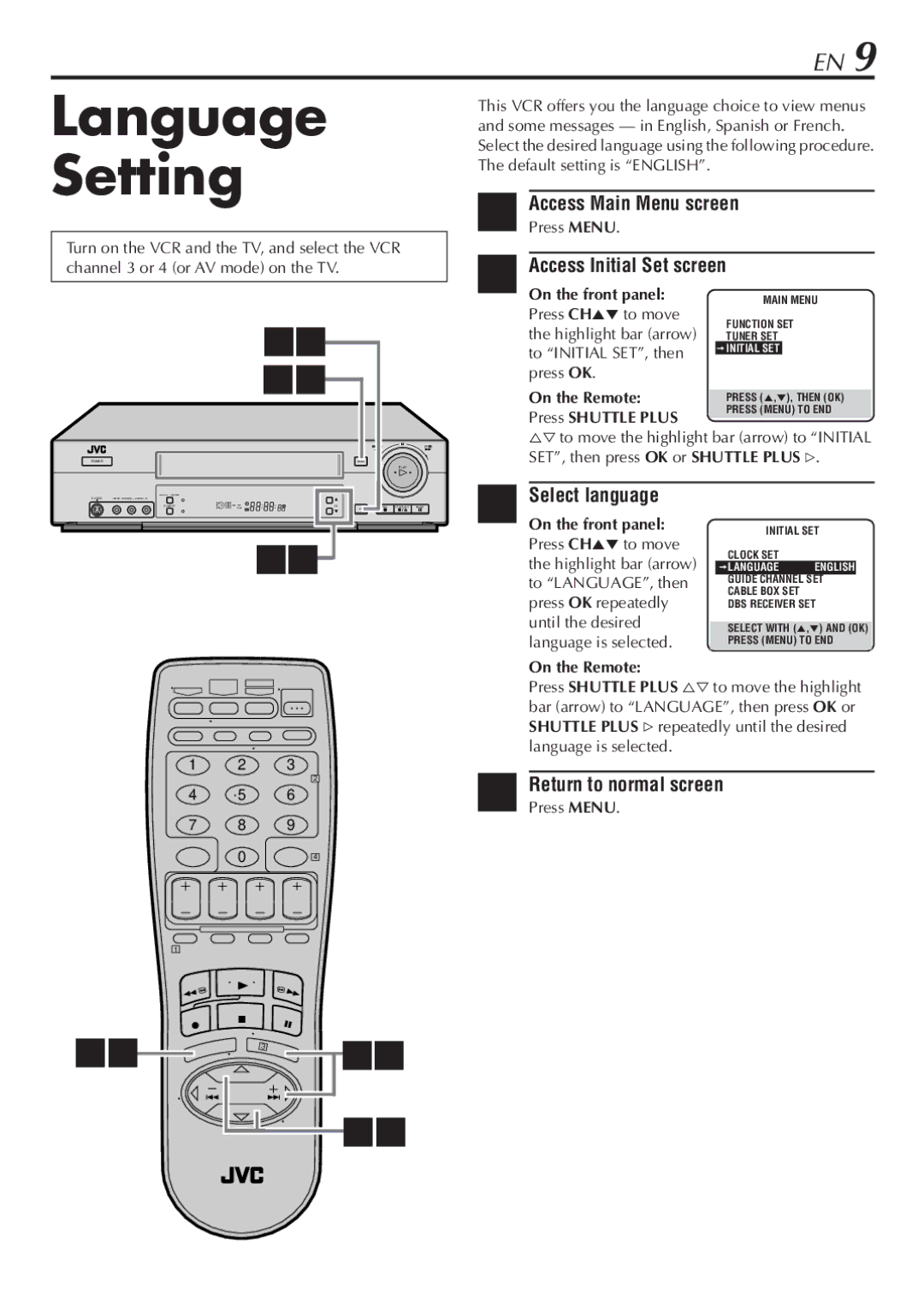 JVC HR-S7800U manual Language Setting, Select language, Return to normal screen, Press Menu 