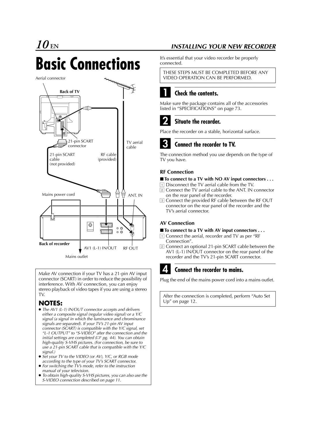 JVC HR-S7850EU 10 EN, Check the contents, Situate the recorder, Connect the recorder to TV, Connect the recorder to mains 