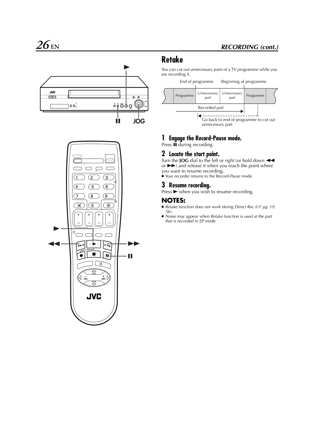 JVC HR-S7850EU, HR-S7851EU 26 EN, Retake, Engage the Record-Pause mode, Locate the start point, Resume recording 