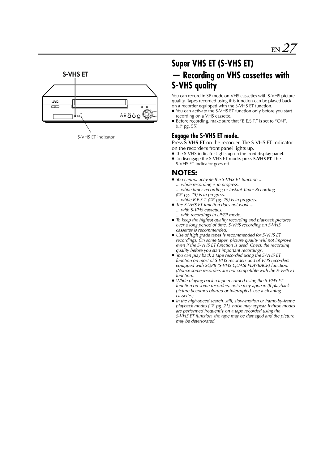 JVC HR-S7851EU, HR-S7850EU specifications Engage the S-VHS ET mode 