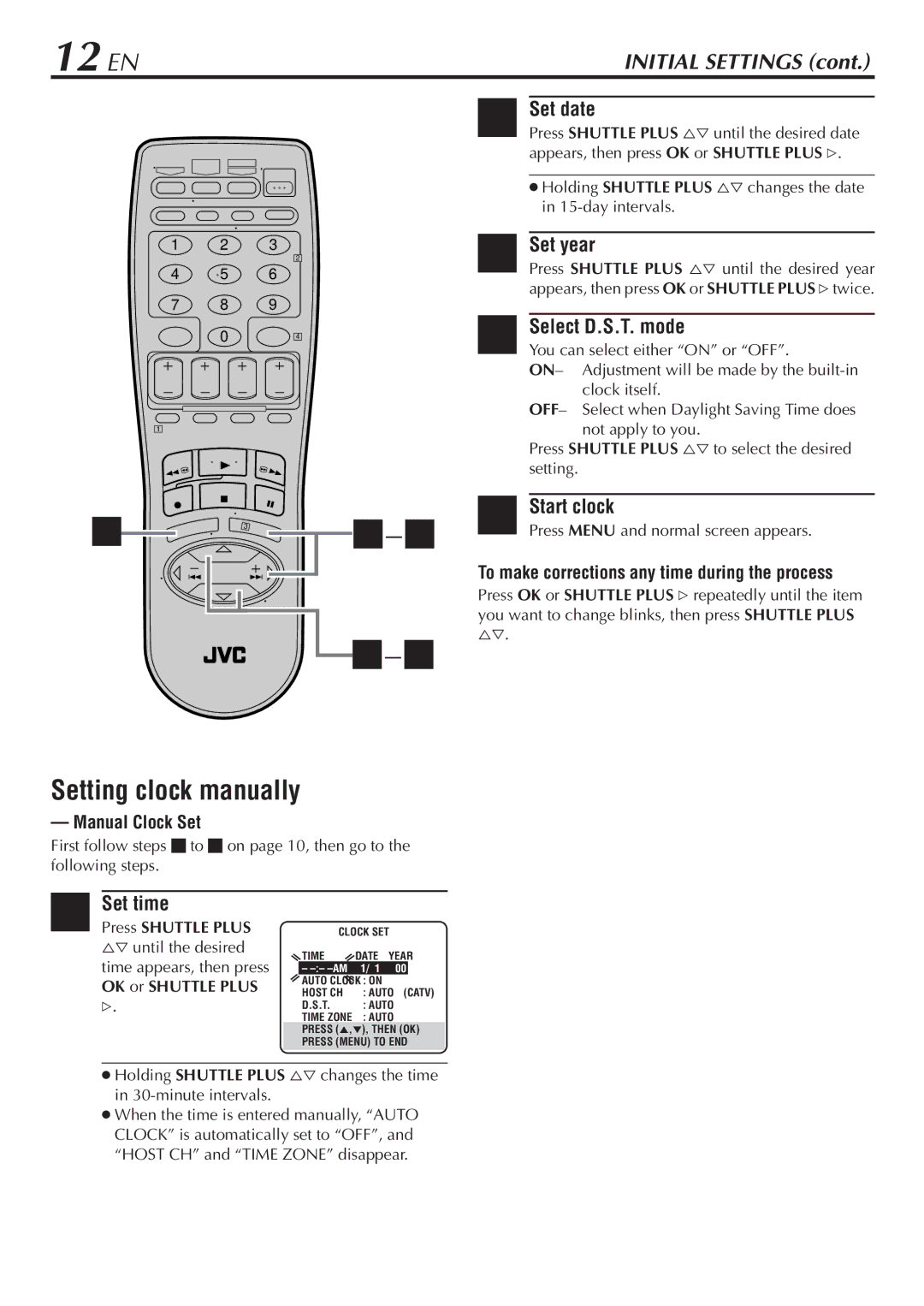 JVC HR-S7900U 12 EN, Setting clock manually, #.Set time, To make corrections any time during the process, Manual Clock Set 