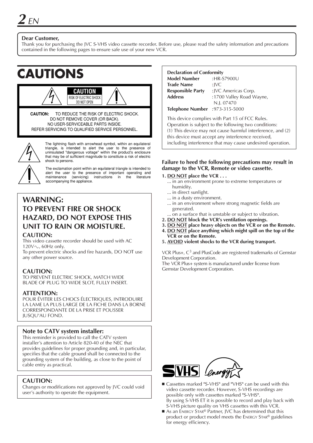 JVC HR-S7900U manual Dear Customer, Telephone Number 