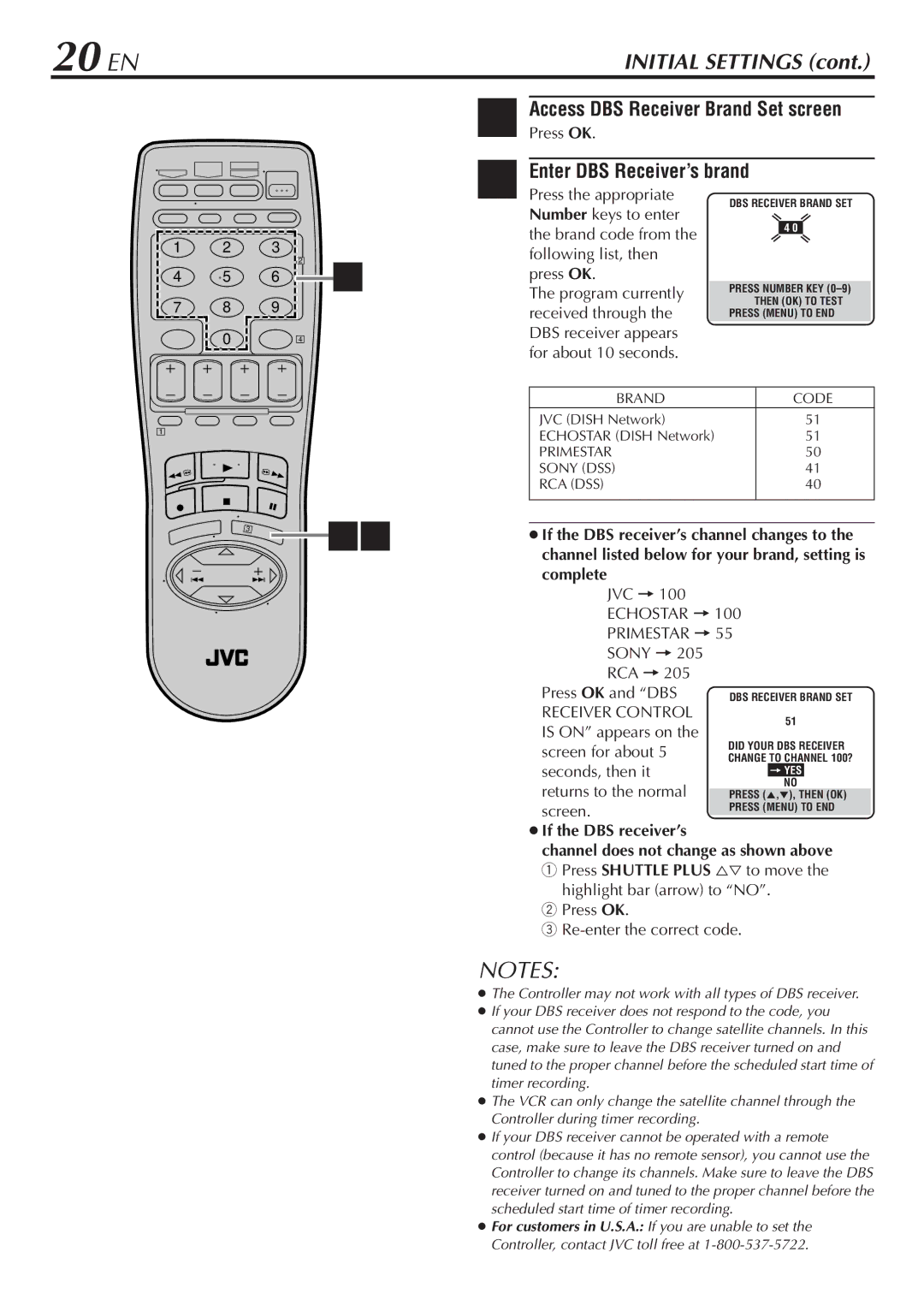 JVC HR-S7900U manual 20 EN, Enter DBS Receiver’s brand, AccessPress OKDBS. Receiver Brand Set screen 