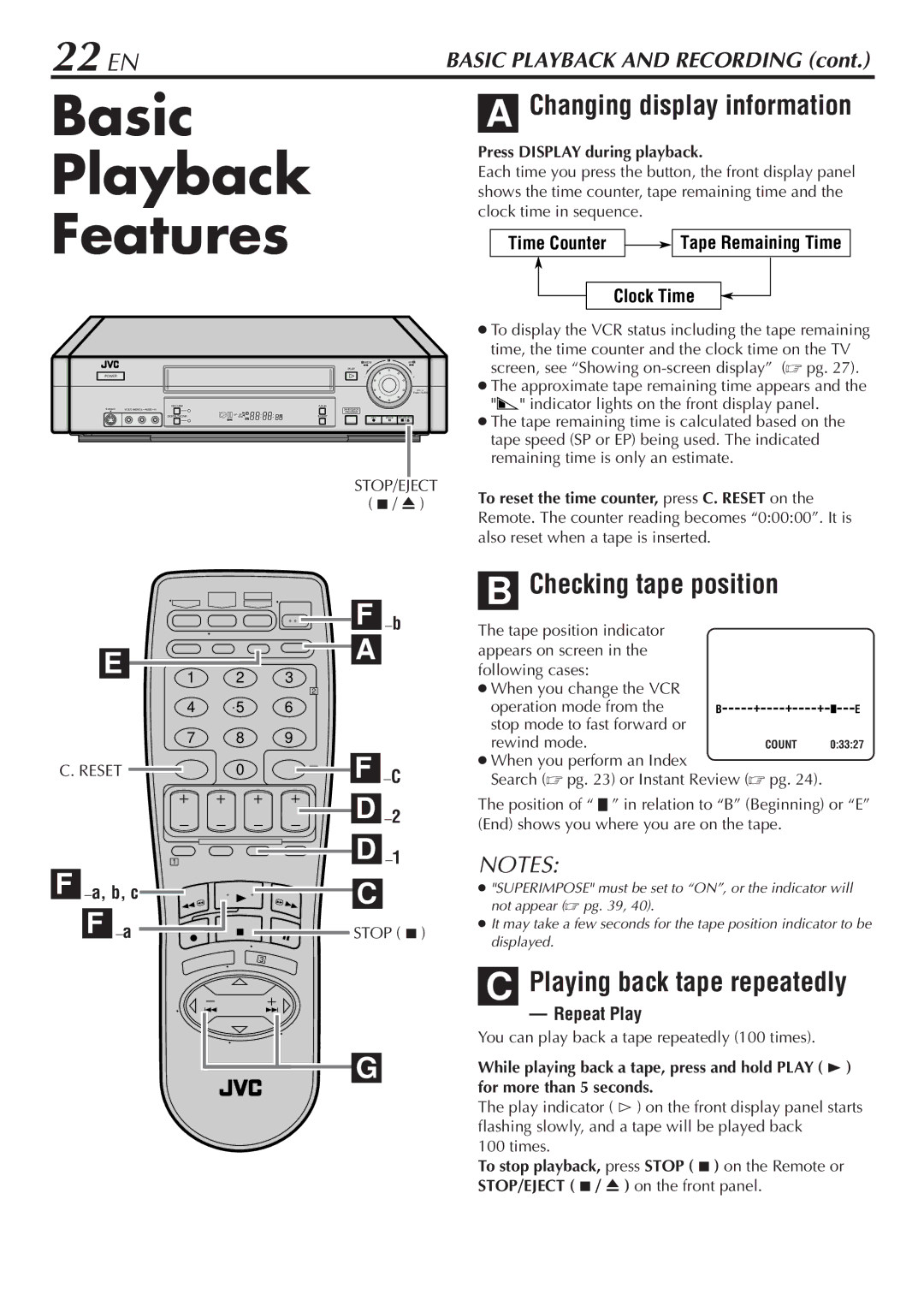 JVC HR-S7900U manual Basic Playback Features, 22 EN, Changing display information, Checking tape position 