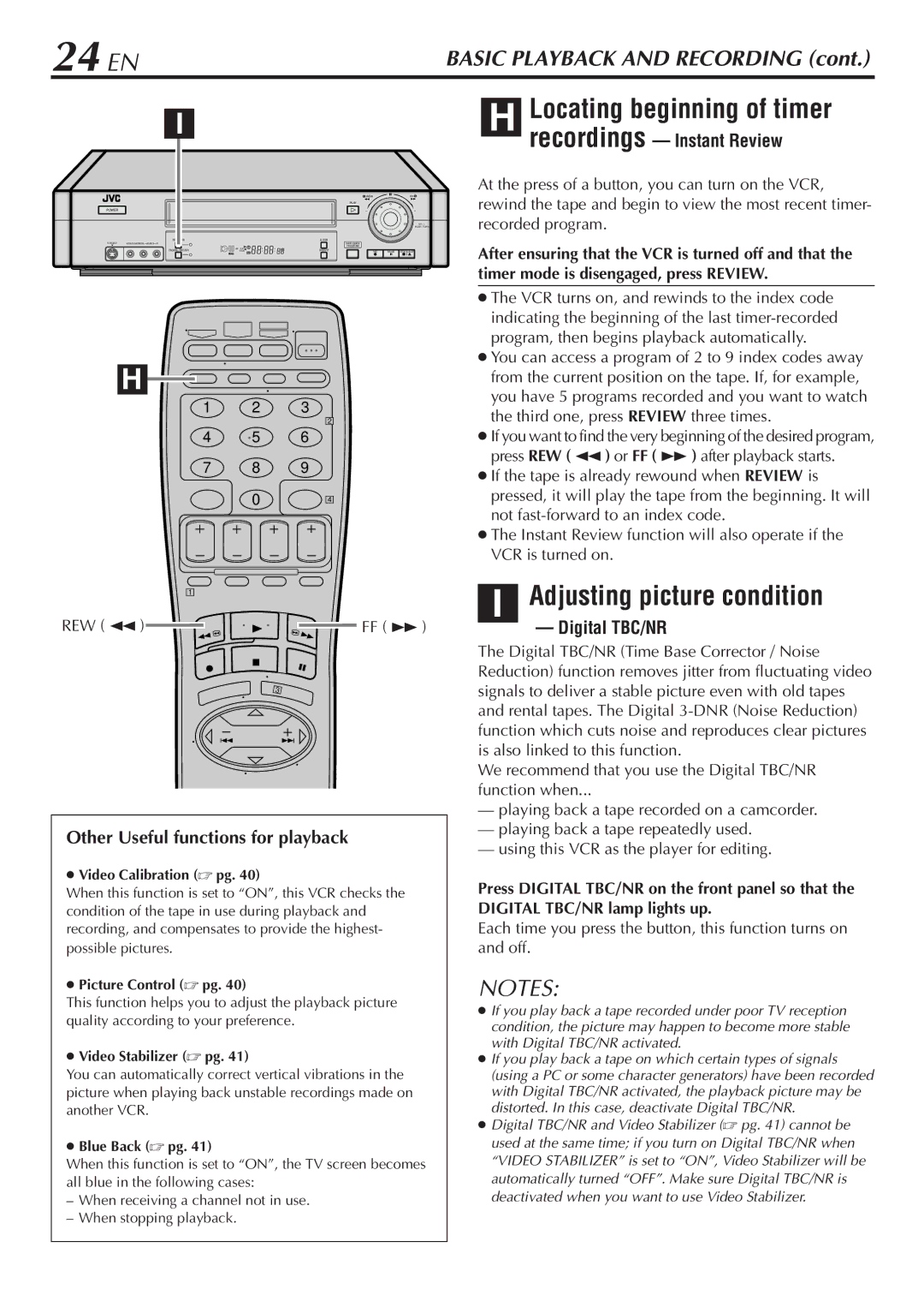JVC HR-S7900U 24 EN, Locating beginning of timer, Adjusting picture condition, Recordings Instant Review, Digital TBC/NR 