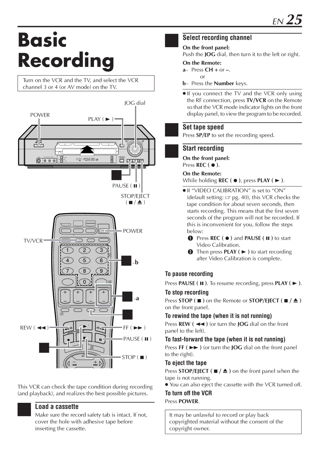 JVC HR-S7900U manual Basic Recording, Select recording channel, Set tape speed, Start recording 