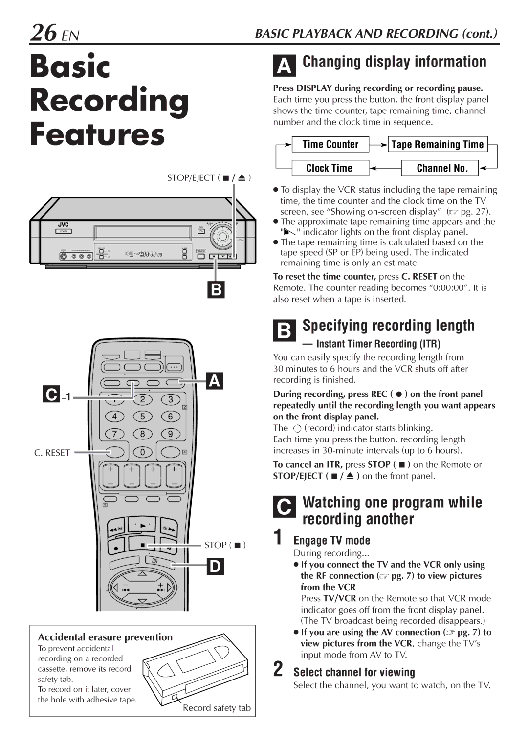 JVC HR-S7900U Basic Recording Features, 26 EN, Specifying recording length, Watching one program while recording another 