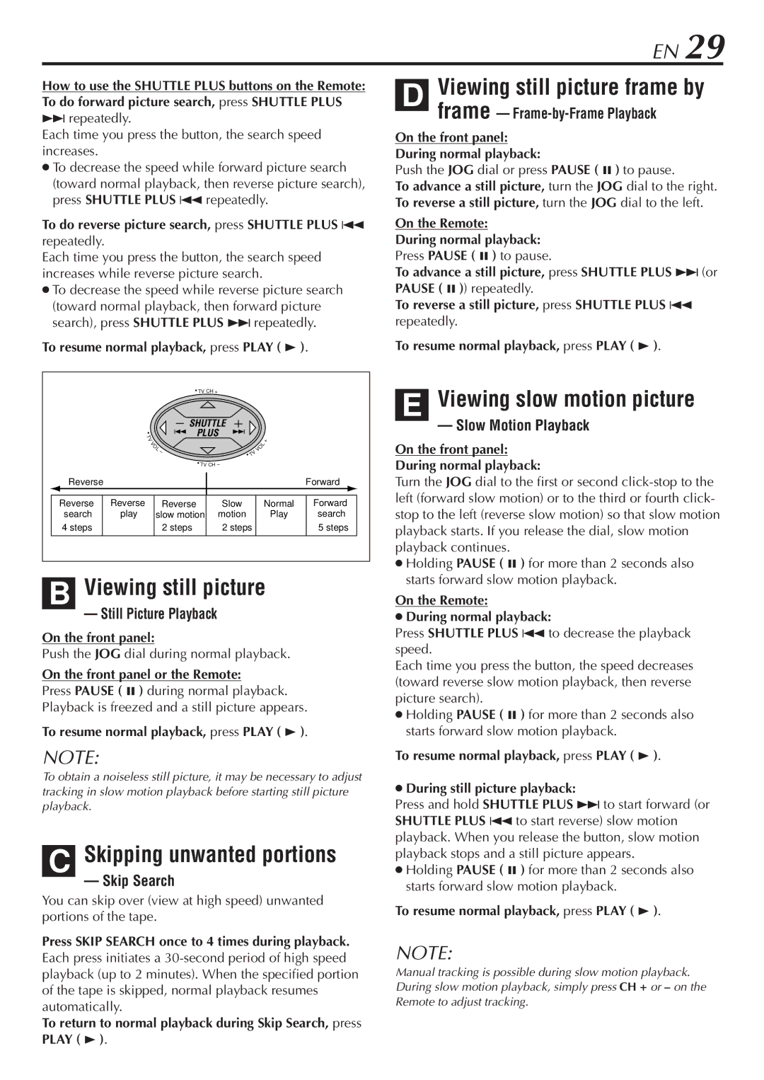 JVC HR-S7900U manual Viewing still picture, Skipping unwanted portions, Viewing slow motion picture 