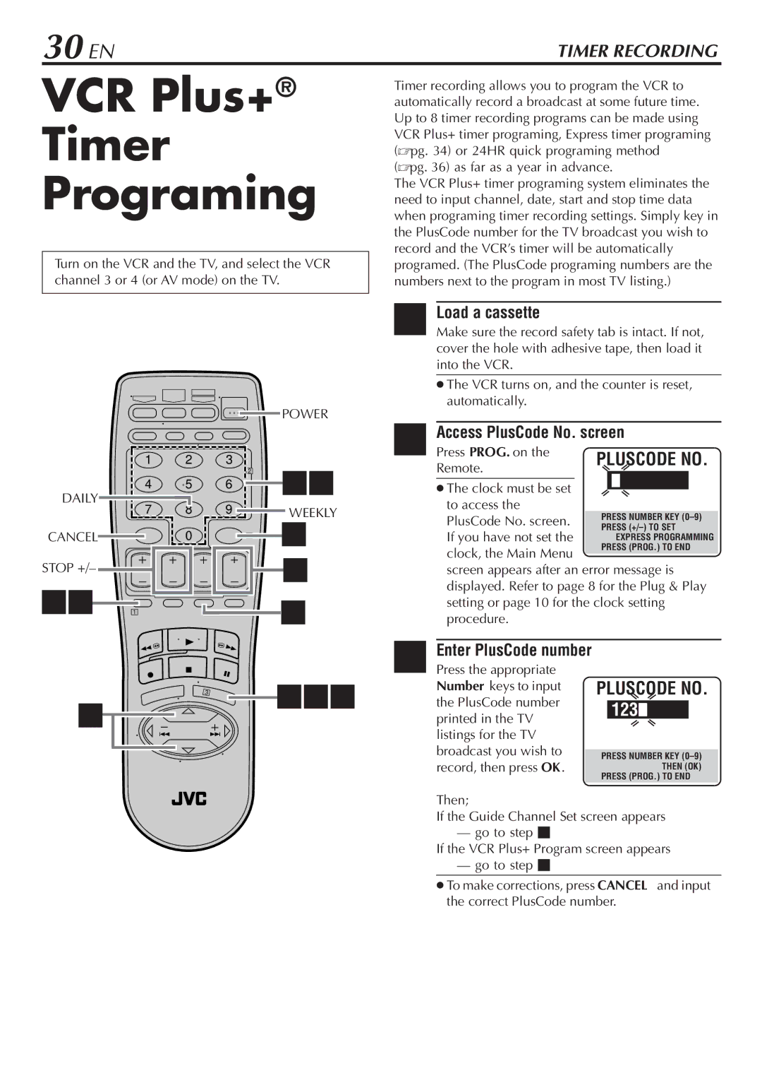 JVC HR-S7900U manual VCR Plus+ Timer Programing, 30 EN, Enter PlusCode number, Daily Cancel 