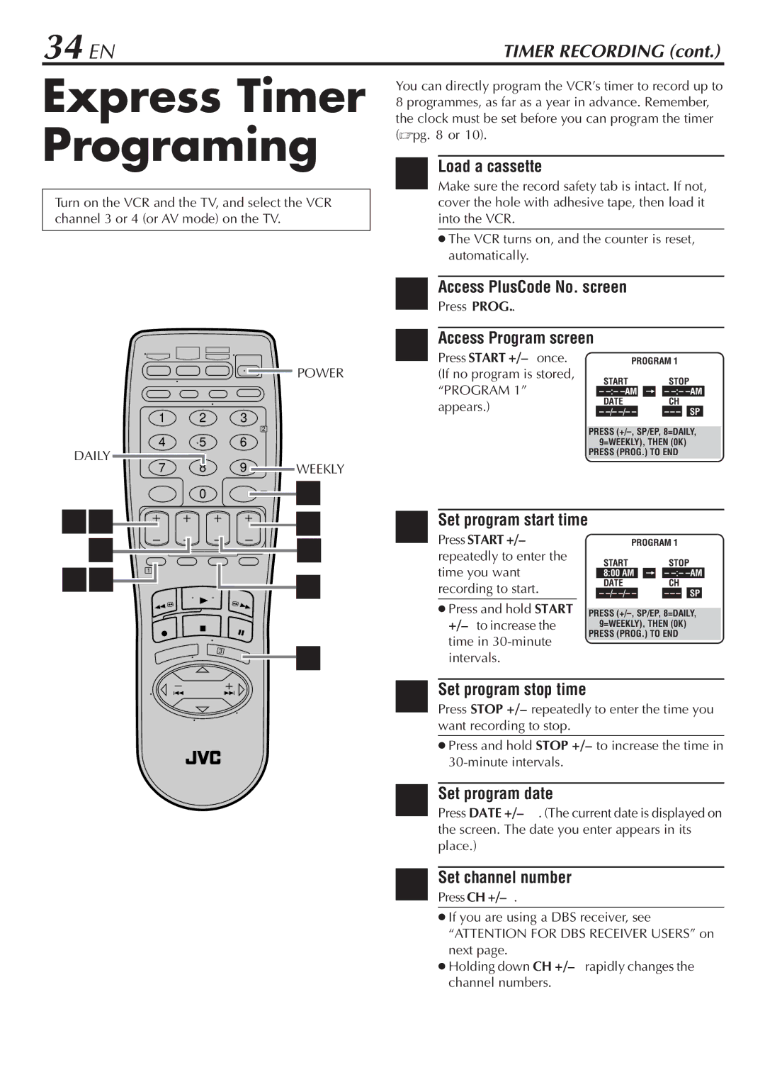 JVC HR-S7900U manual Express Timer Programing, 34 EN 