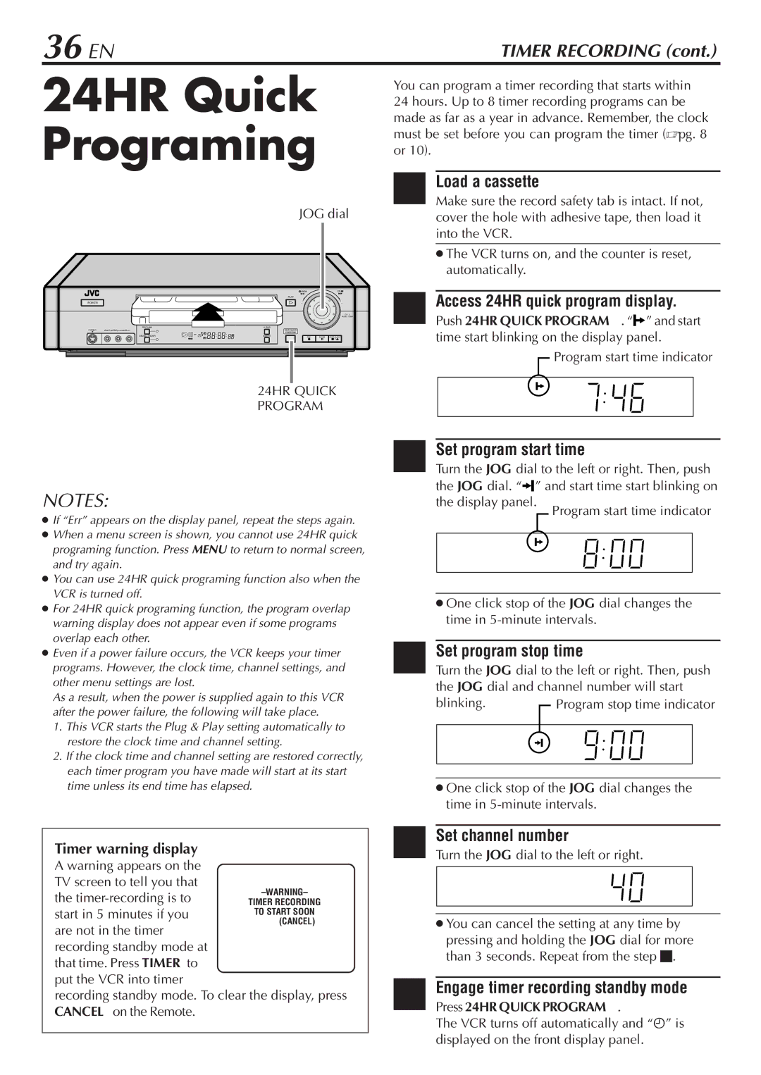 JVC HR-S7900U manual 24HR Quick, 36 EN, Access 24HR quick program display, Set program start time, Timer warning display 