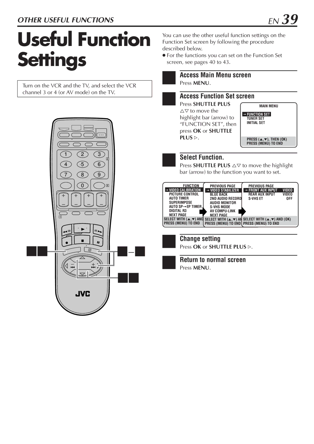 JVC HR-S7900U manual Useful Function Settings, Access Function Set screen, Select Function, Change setting 