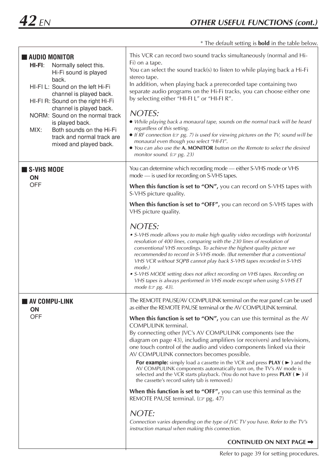 JVC HR-S7900U manual By selecting either HI-FI L or HI-FI R, Mode is used for recording on S-VHS tapes, VHS picture quality 