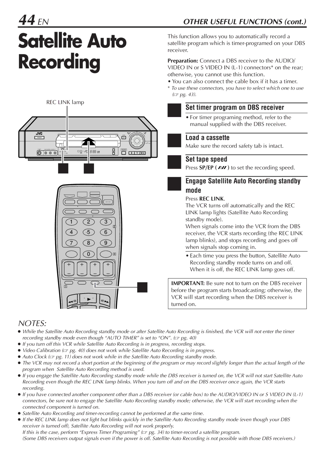 JVC HR-S7900U manual 44 EN, Set timer program on DBS receiver, Engage Satellite Auto Recording standby mode, Press REC Link 