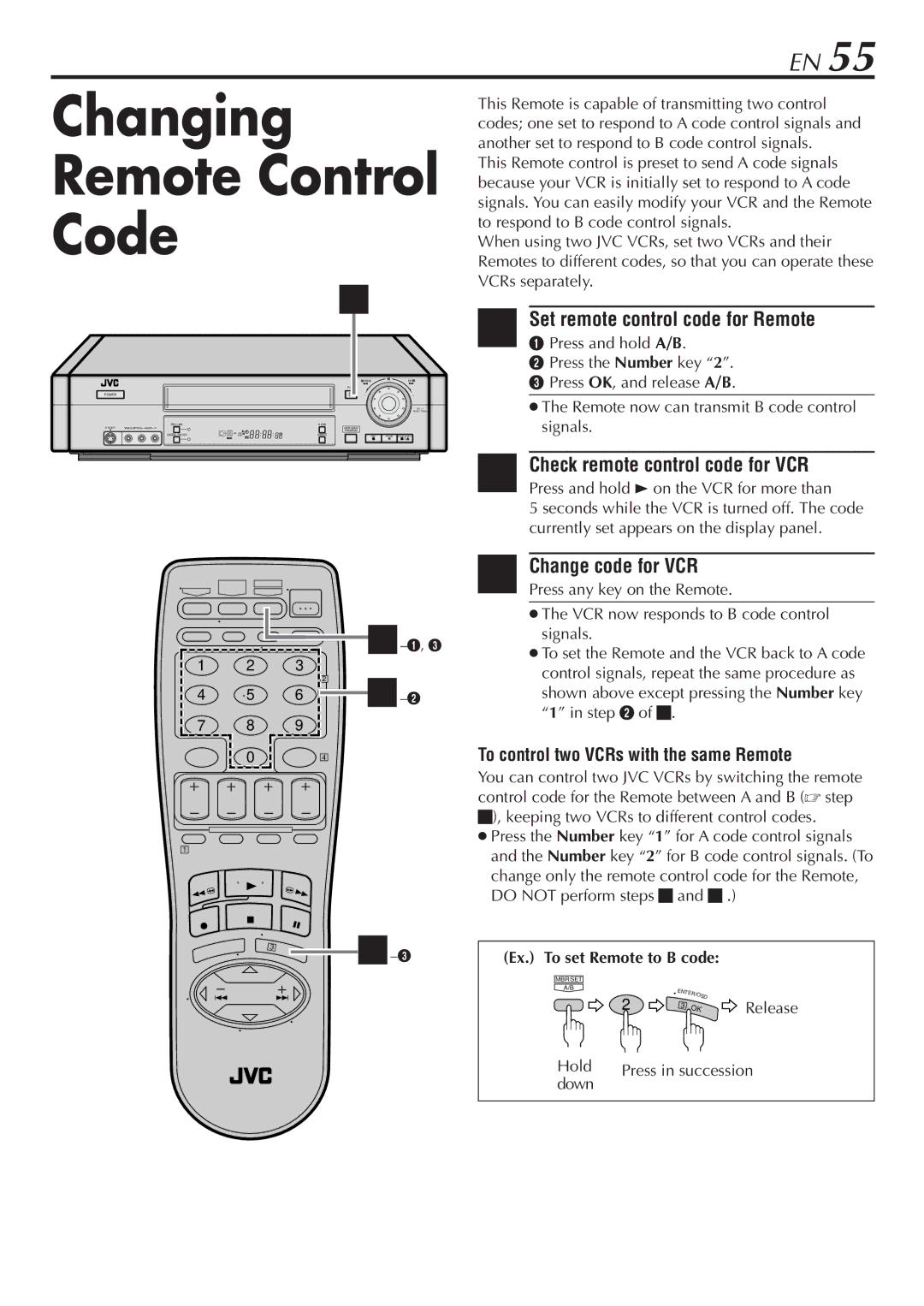 JVC HR-S7900U Changing Remote Control Code, Set remote control code for Remote, To control two VCRs with the same Remote 