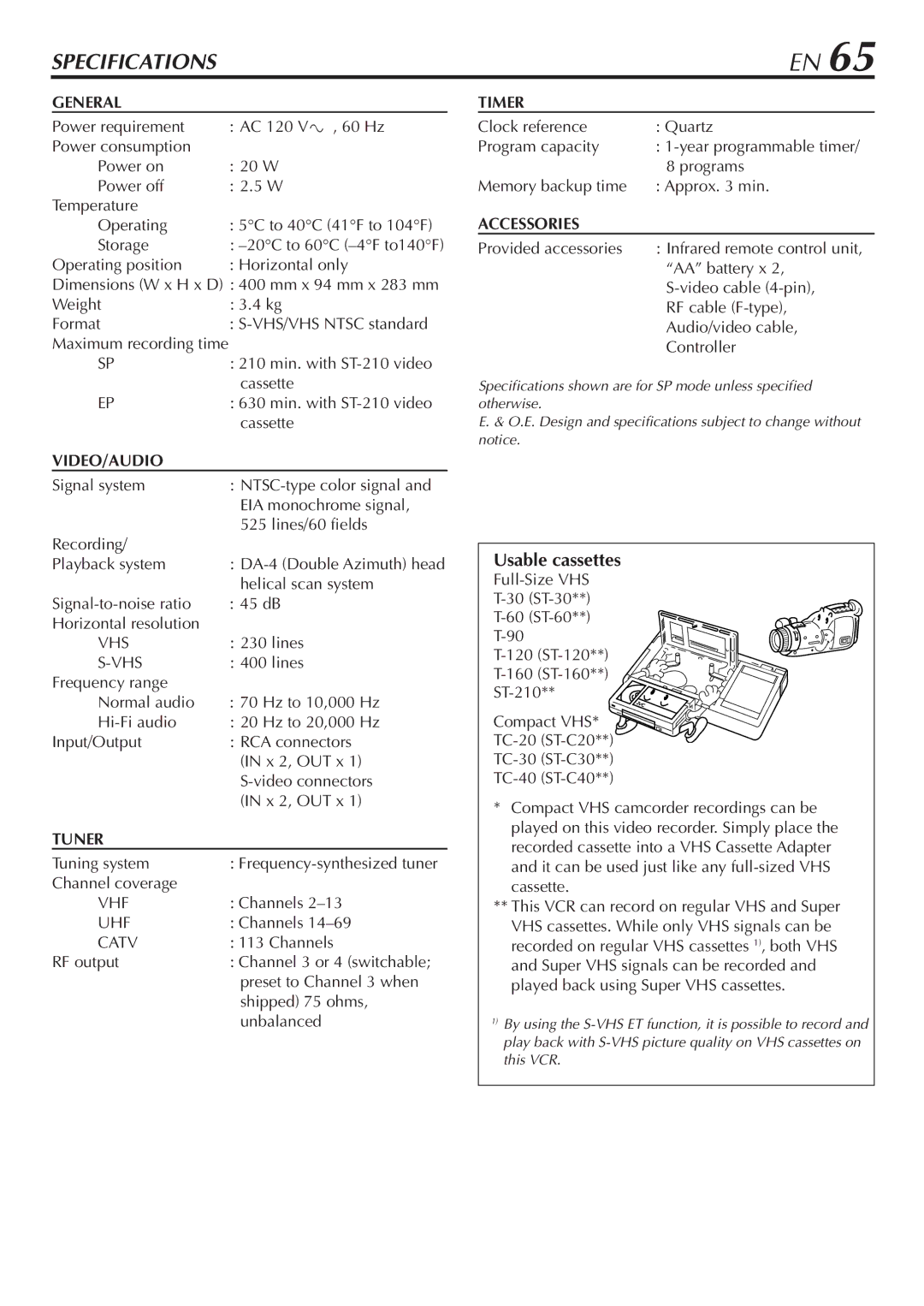 JVC HR-S7900U manual Usable cassettes 